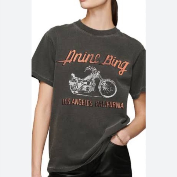 Anine Bing Charcoal Tee with Orange Motorcycle Print - Picture 1 of 7